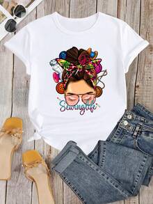 1 camiseta con temática de costura, regalo de patchwork, camiseta con temática de mamá, camiseta de sastre a la moda con pañuelo para la cabeza, camiseta para entusiastas de la costura, ropa de mujer económica y bonita, ropa de mujer con hermosas curvas, atuendo para fiesta de disfraces, atuendo de cosplay, atuendo de club para mujer, 100% algodón de 180g. - Blanco - Ver 2