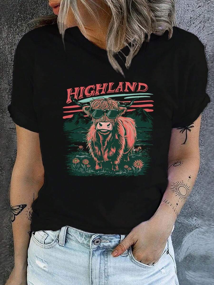 Camiseta con Estampado de Vaca de las Tierras Altas de Escocia, Estilo Retro Americano, Cuello Redondo, Manga Corta, Informal, para Mujer - Negro - Ver 1