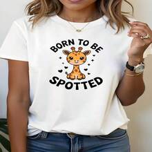 Women's White Round Neck Cotton Short Sleeve Regular Fit T-Shirt Born To Be Spotted Giraffe Print Casual Style - 白色 - 查看 1