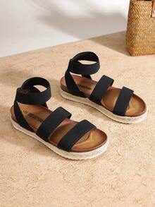 Women'S Open Toe Elastica Ankle Strap Espadrille Dressy Flatform Wedge Sandals Elastic Ankle Strap Platform Sandals - Black - View 1
