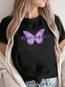 1 camiseta de manga corta de poliéster negro, decorada con un patrón de mariposa morada, ligera y duradera, adecuada para el hogar, restaurante o uso casual al aire libre, cómoda para el uso diario. 100% algodón, 180g. - Negro - Ver 11