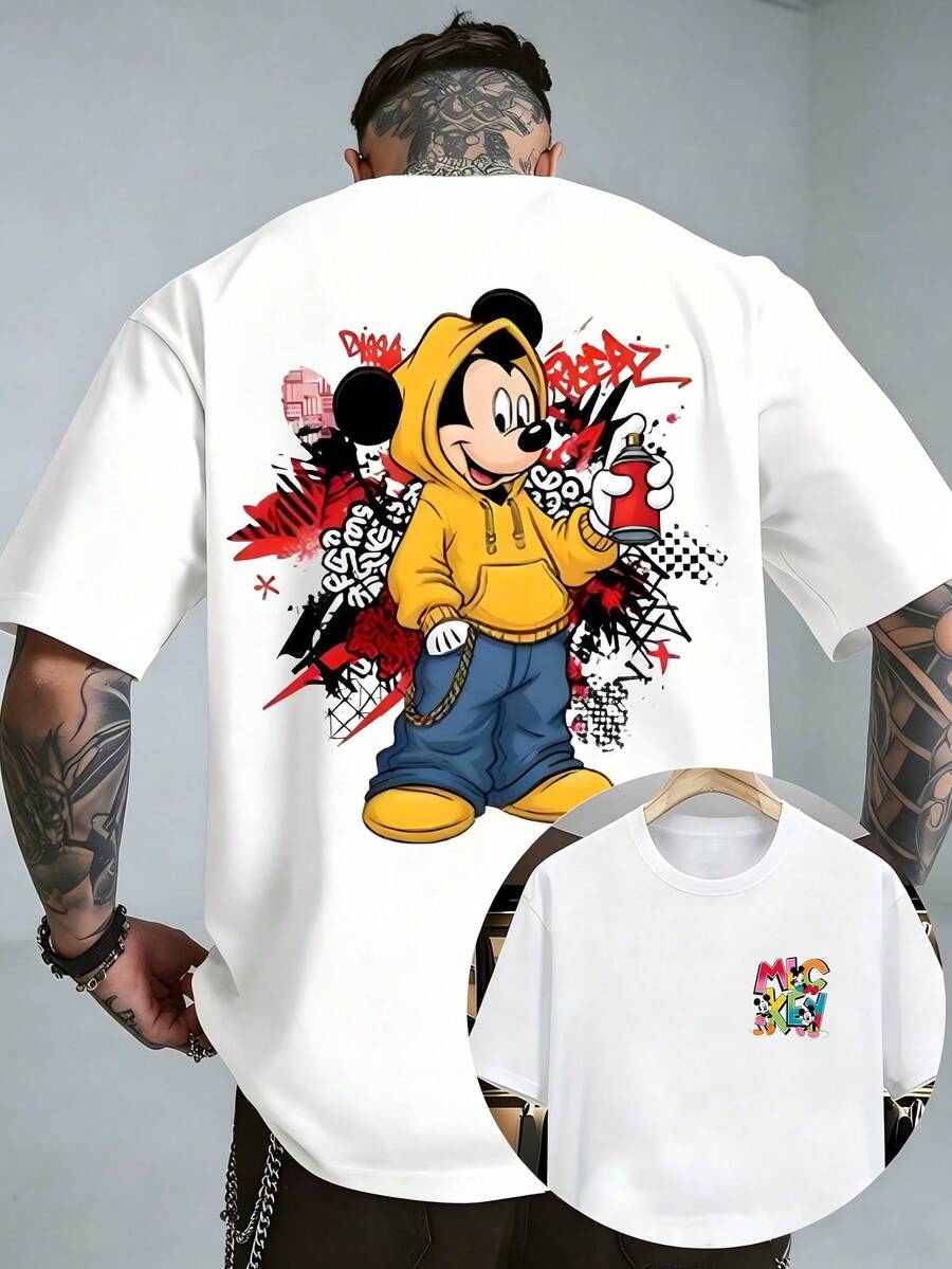Officially Licensed Disney Mickey Mouse Graffiti Street Art Graphic T‑Shirts For Men 100% Cotton Short Sleeve Crew Neck Hip Hop Urban Oversized Streetwear Tee Spray Paint Cartoon Print Summer Casual Daily Citywear Outfit - trắng - Xem 1