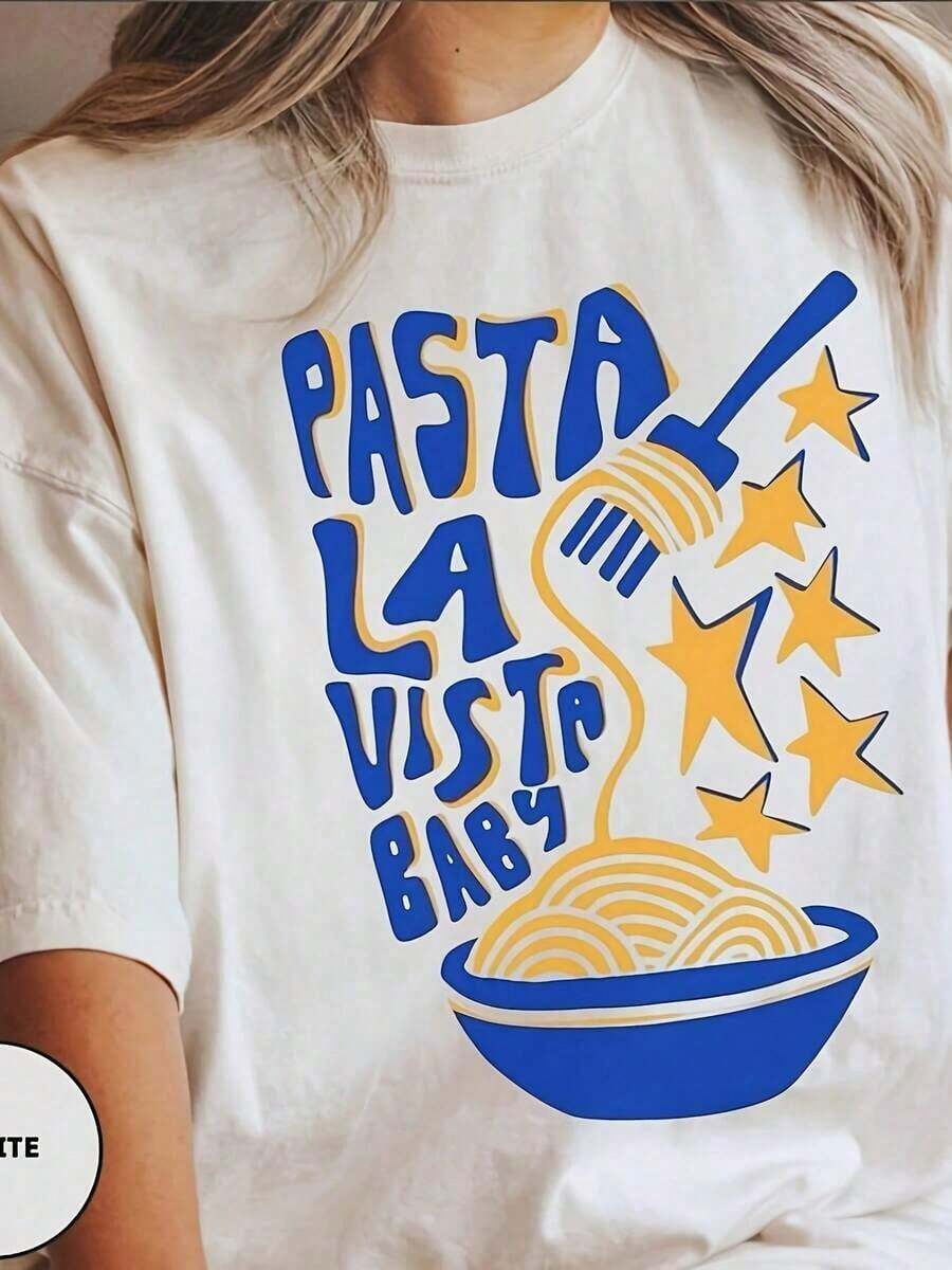 TrendyPasta La Vista ! Uni Cotton, Pasta Lover Club, Pasta, Camiseta de Pasta, Camiseta T-Shirt de Pasta, Regalo para Amantes de la Pasta, Camiseta de Algodón 100% de Peso Pesado 0G. Con estampado de mariposas, adecuada para niñas y mujeres, camiseta inspiradora de manga corta y cuello redondo, top estético y lindo de estilo YK Ste para el verano, adecuada para actividades al aire libre, reuniones familiares, trabajo o uso diario casual en la calle. - Blanco - Ver 1