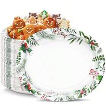 50 platos ovalados de Navidad 12 x 10 pulgadas platos de papel resistentes con hojas de acebo bayas rojas para Navidad día festivo boda decoración de fiesta verde y rojo - Flor de Navidad - Ver 9
