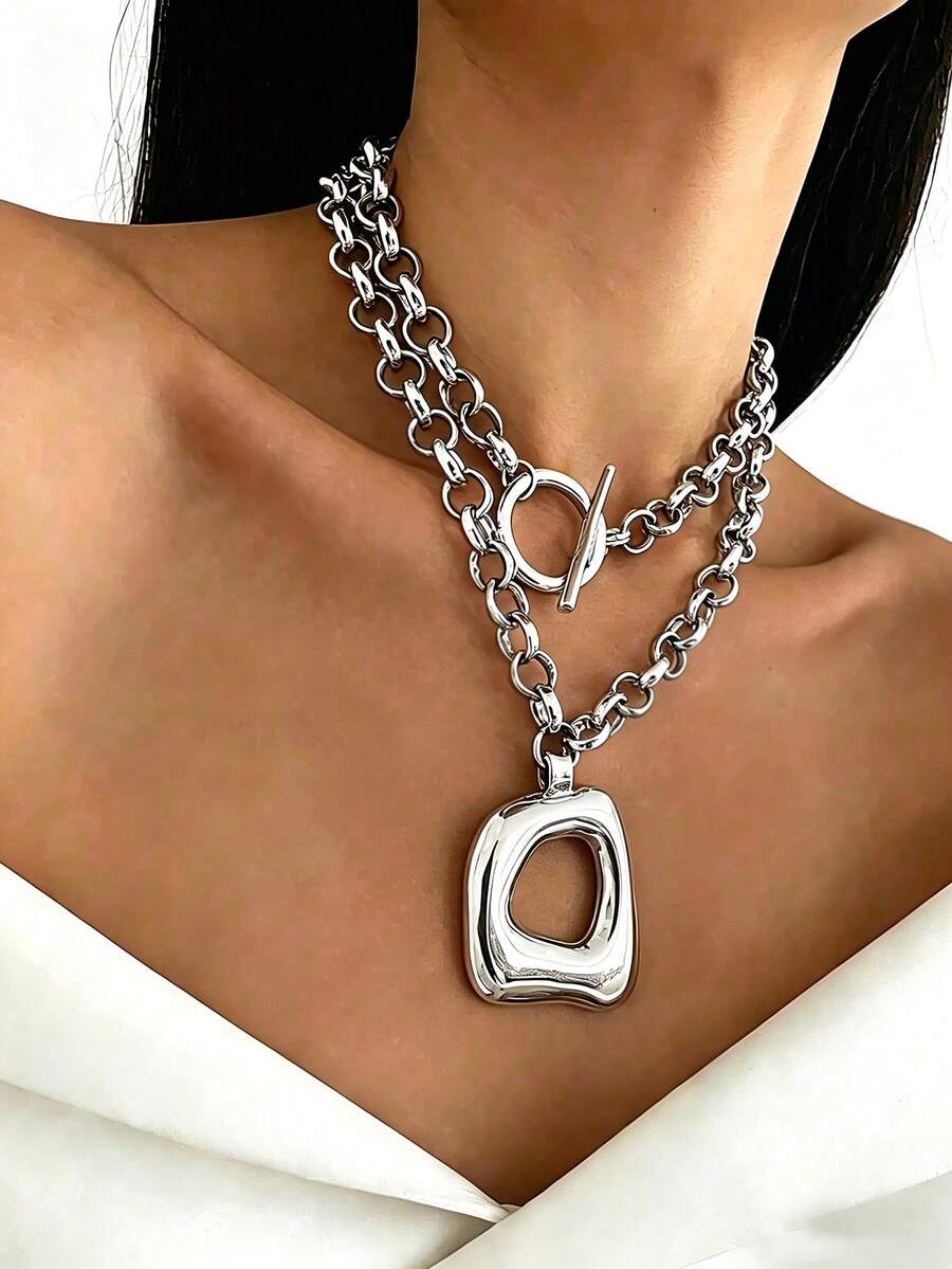 1pc (Wrapped Twice) Vintage Punk Style Women Silver Geometric Exaggerated Asymmetrical Pendant Necklace, Suitable For Daily, Party, Gathering Wear - Silver - View 1