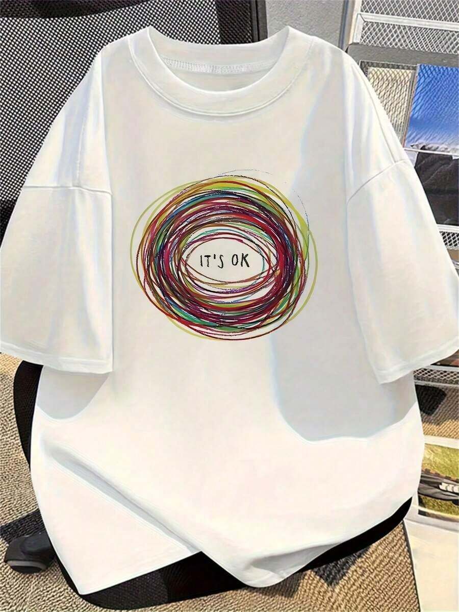 One Women's Crew Neck T-Shirt, European And American Style, For Spring/Summer, Featuring Colorful Hand-Drawn Graffiti Spiral Patterns And The Text "It's OK," In A Relaxed Style. It Makes A Great Gift For Holidays Or Birthdays-Fashionable, Casual, Versatile, And Comfortable. Recommended For Everyday Wear, Simple And Stylish, Suitable For The Daily Outfits Of Women And Young Girls. 180g 100% Cotton. - 白色 - 查看 1