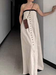 A-Line Dress, Loose Fit, Two-Tone Cotton And Linen, French Holiday Style, Spring/Summer 2026 - Khaki - View 1