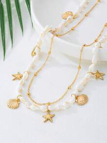 1件海洋风金属金色海星贝壳吊坠，适合女士日常及度假装束搭配腰链 - 金黃色 - 查看 2