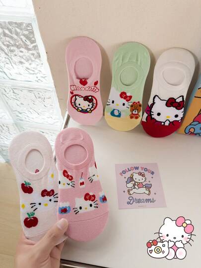  Bộ 5 đôi tất Sanrio dành cho nữ, tất chống trượt, tất tàng hình dễ thương (Không bao gồm lớp lót bằng bìa cứng, màu sắc ngẫu nhiên)