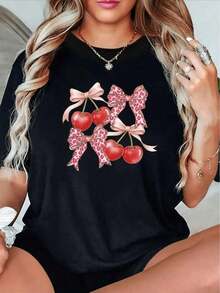 1 Piece Of Women's Fashion T-Shirt, Spring-Summer, With A White Teddy Bear Wearing Fashionable Glasses And Red And Blue Striped Pants, 180g, 100% Cotton. - 黑色 15 - 查看 1