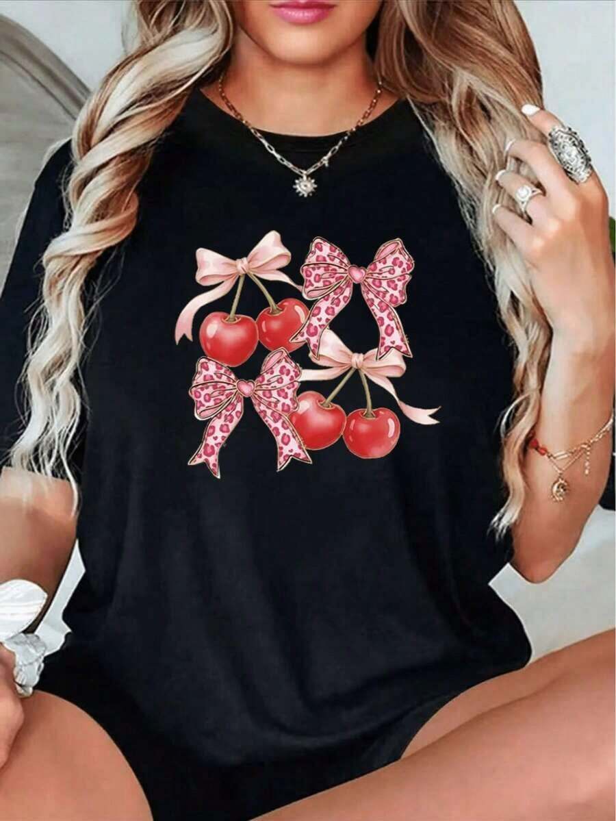 1 Piece Of Women's Fashion T-Shirt, Spring-Summer, With A White Teddy Bear Wearing Fashionable Glasses And Red And Blue Striped Pants, 180g, 100% Cotton. - 黑色 15 - 查看 1