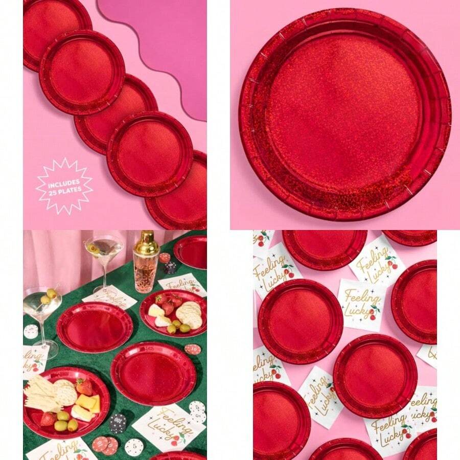 xo Fetti - Platos holográficos de lámina roja Paquete de 25 unidades Decoraciones de fiesta de feliz cumpleaños fiesta de día festivo platos frescos para pasteles Navidad día de San Valentín - rojo - Ver 1