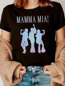 Women's Short-Sleeved T-Shirt, 100% Cotton, Printed With "Y2K Retro Mamma Mia!" Sequin Textured Silhouette, Machine Washable, Breathable, And Comfortable To Wear. Suitable For Streetwear, Parties, Social Events, Music Festivals, Bars, Daily Commutes, Outdoor Travel, And Can Be Worn Casually In Spring, Summer, And Autumn. - 黑色 2 - 查看 1