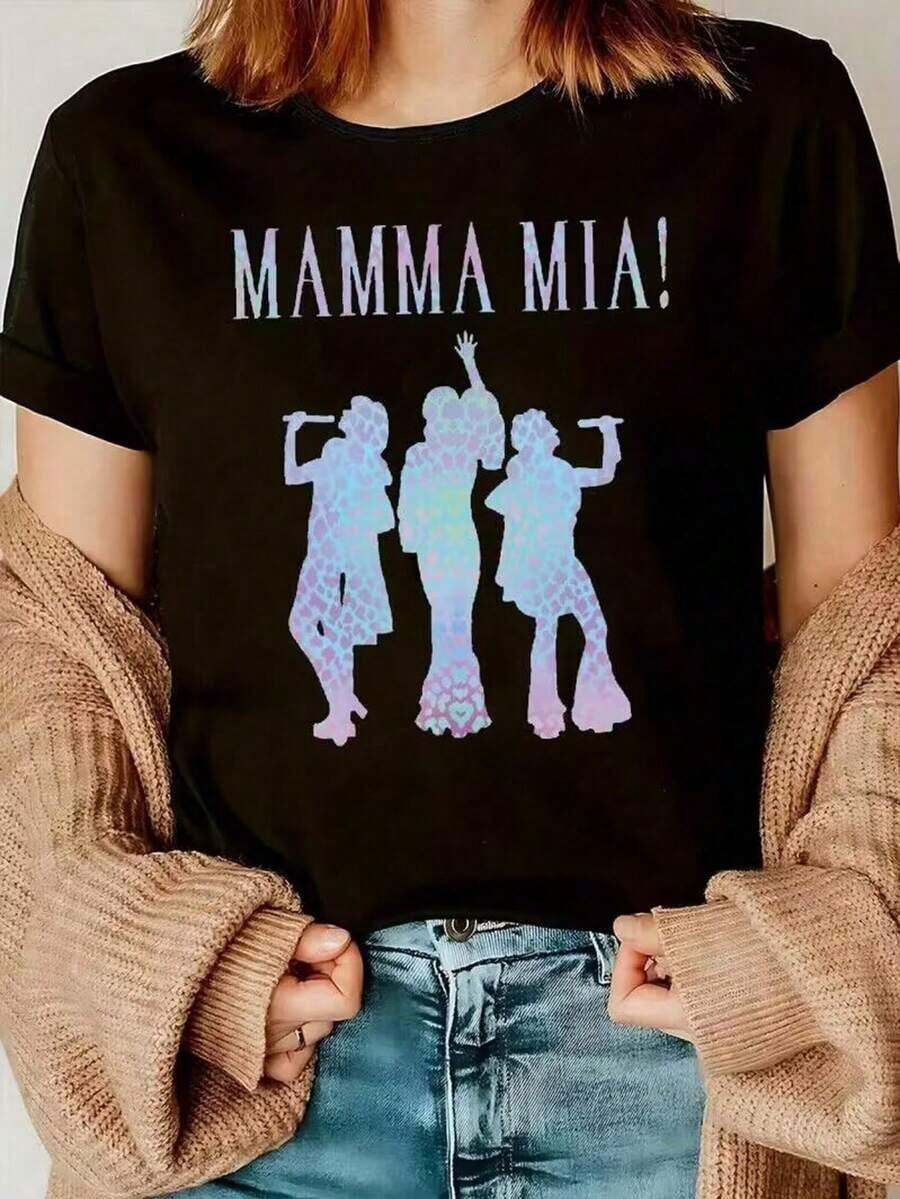 Women's Short-Sleeved T-Shirt, 100% Cotton, Printed With "Y2K Retro Mamma Mia!" Sequin Textured Silhouette, Machine Washable, Breathable, And Comfortable To Wear. Suitable For Streetwear, Parties, Social Events, Music Festivals, Bars, Daily Commutes, Outdoor Travel, And Can Be Worn Casually In Spring, Summer, And Autumn. - 黑色 2 - 查看 1