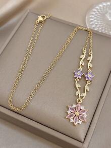 1pc 18K Gold Plated Pink Zirconia Flower Gold Necklace, Necklace And Pendant, Women's Necklace, Gold Plated Jewelry, Rose Gold Chain, Perfect For Daily Wear, Dating, Party, Vacation Season, Graduation Season, Birthday Gift, Summer Accessory, Women's Beach Accessory, Easter, Gift For Girlfriend, Bohemian Style Jewelry - Multicolor - View 4