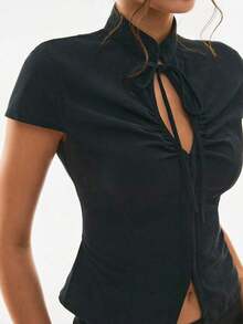 Women's Minimalist And Casual Short-Sleeved Plaid Shirt - Black - View 4