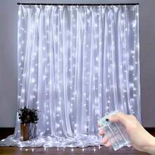 1 pieza Luces de cadena LED para cortina de ventana con 8 modos de iluminación, lámpara de atmósfera alimentada por batería para decoración de fondo de ventana en interiores, boda, fiesta de cumpleaños (Baterías no incluidas) - Lámpara de cortina con caja de pilas AA - Ver 15