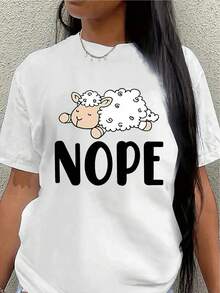 Camiseta de manga corta, ligera y duradera, estampada con la palabra "NOPE" y un diseño de oveja, perfecta para uso casual en casa, en la oficina o en un restaurante.blusas para mujer>ropa - Blanco - Ver 7