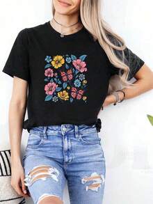 Women's Cotton T-Shirts With Vibrant And Colorful Butterfly Floral Print - Unisex Round Neck Short Sleeve T-Shirt, Made Of Soft And Breathable Fabric With Black Base And Colorful Floral Design, Suitable For Daily Wear In Spring, Summer And Autumn, An Ideal Gift. - 黑色 - 查看 2