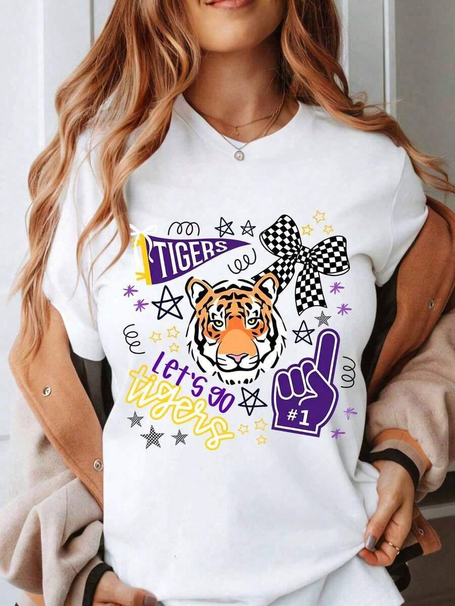 Women's Cotton T-Shirts, Tiger Cheer Cheering T-Shirt, Graphic Tee With The Team Spirit "Let's Go Tigers", Featuring A Tiger Face, Plaid Bow And Number One Hand Sign For School Spirit Events And Game Days, Women's Basic Tops. - 白色 - 查看 1