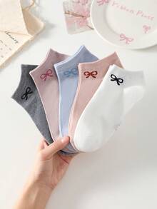 5雙女款多色蝴蝶結圖案短襪，休閒時尚低筒船襪，適合四季穿著 - 彩色 - 查看 11