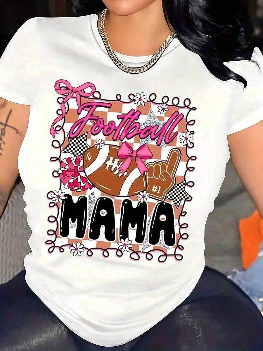 Cool Summer T-Shirt, Casual Women's T-Shirt, FootballMamaPinkBowFootballCheerleader Design For Game Day And Sporting Events, Graphic T-Shirt, Graphic T-Shirts For Women, Summer T-Shirt, Casual T-Shirt, Holiday Clothes For Women, Youthful And Fashionable Design. - 白色 - 查看 1