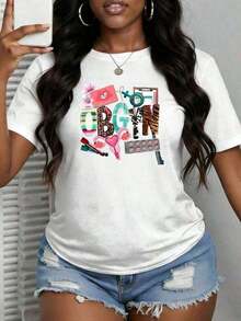 Modern Minimalist Plus Size Women's Clothing, Casual Short Sleeve Graphic Print T-Shirt, Nurses Day T-Shirt, For Gynecology And Obstetrics Nurses, Sportswear, For Camping, Training, Hiking, Nurse Sets For Women, Summer Sets For Women, Casual For Everyday Wear. - 白色 - 查看 1