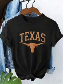 Women's Texas Longhorns University Logo Graphic T-Shirt, Casual Wear, College Spirit T-Shirt, Summer Fashion Cotton T-Shirt - 黑色 - 查看 3