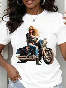 Women's Modern Minimalist T-Shirt, Biker Girl Graphic Print, Short Sleeve, Casual Summer Top For Women, Casual Everyday Wear - 白色 - 查看 7