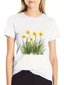Women's Cotton T-Shirts, Round Neck, Casual Loose Fit, European Geometric Pattern, Short Sleeve - Breathable Summer T-Shirt, Simple Casual Top For Everyday Wear - 白色 - 查看 4