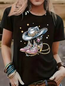 I Have My Boots On The Ground Women's Cartoon Design Summer White Short Sleeve T-Shirt For Women With Round Neck Breathable Aesthetic Clothing - Unisex Vintage Urban Style Loose Cotton T-Shirt With Round Neck And Short Sleeves - 黑色 - 查看 1
