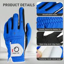 FINGER TEN 1 Pair Men's Golf Rain Anti-Slip Gloves, Blue, Suitable For S/M/ML/L/XL Sizes, Breathable Mesh Design, Stable Swing Control, Suitable For Wet And Harsh Weather - Blue - View 4