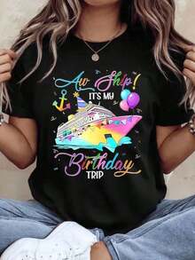 Aw Ship It's My Birthday Trip Women's Cruise T-Shirt, Summer Holiday Party Tee, Funny Birthday Gift For Travel Lovers, 220g - Urban Vintage Style, Unisex Loose Cotton Short Sleeve Crew Neck T-Shirt, 100% Pure Cotton. - 黑色 - 查看 7