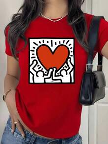 100% Cotton. Red Hearts Held By Figures Symbolizing Unity, Hope, And Positive Energy In Every Stroke. Women's T-Shirt, 100% Soft Cotton, Casual, Modern. Women's Simple Solid Color T-Shirt, Loose And Slim Fit, Casual Short Sleeve - 紅色的 - 查看 8