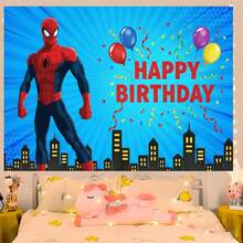 1pc Spider-Man Happy Birthday Backdrop Marvel Superhero Boy Party Decoration Cartoon Photography Background Indoor Holiday Gathering Scene Layout Cake Table Wall Tapestry Anime Fan Birthday Party Props Wall Hanging Decor - 多色 - 查看 3