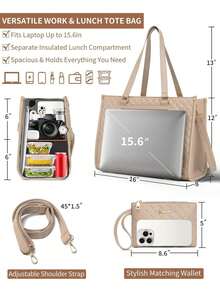 Lunch Tote Bag For Women, 15.6 Inch Laptop Work Bag With Insulated Lunch Box Compartment & Purse Large Capacity Quilted Computer Handbag For Office Business Work Nurse Teacher Moms Travel Casual - Màu be - Xem 2