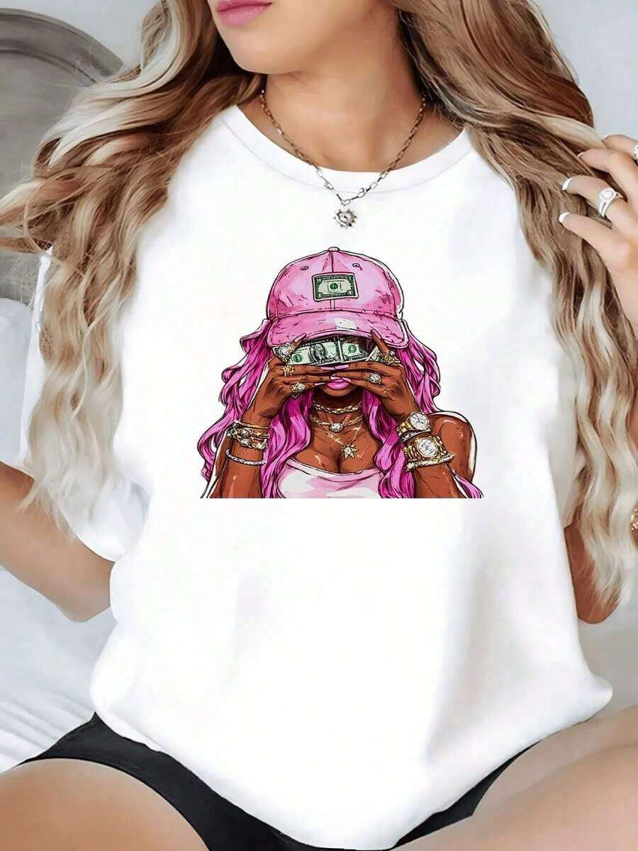 100% Cotton. Image Of A Woman With Pink Hair Holding Banknotes In Front Of Her Eyes, Showing Modern Confidence And Urban Luxury. Women's 100% Cotton T-Shirt, Comfortable And Soft For Everyday Wear. Women's Simple Solid Color T-Shirt, Loose And Slim Fit Casual Short Sleeve - 白色的 - 查看 1