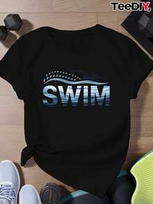 SuaveWomen's Plus Size T-Shirt With Wave Print And The Letter SWIM - Turquoise Blue, Water Wave Print, Short Sleeve, Beachwear, Quick-Drying Casual Swim Top For Pool, Surfing, Water Activities (Machine Washable, For All Seasons) - New Arrival - 黑色 - 查看 6