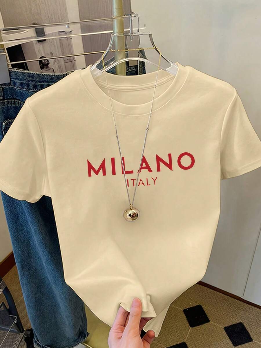 Simple, Casual And Versatile T-Shirt With English Letter Print, Short Sleeves And Round Neck. - 卡其色2 - 查看 1
