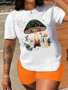 Women's Casual Short-Sleeve T-Shirt With Mushroom Print And Forest Theme, Comfortable Fit, Matching Sets For Sisters, Essential For Outdoor Travel, Women's T-Shirt, Spring/Summer T-Shirt. - 白色 - 查看 6