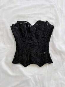Corset ajustado de dos capas con diseño vanguardista y sexy, propio de vacaciones, para jóvenes de estilo europeo y americano, en color caqui con bordado calado - Negro - Ver 4