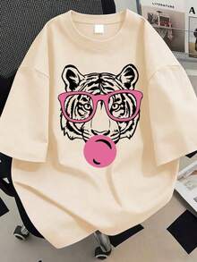 Plus Size T-Shirt With Tiger Print And Crew Neck, Ideal For Summer Vacation, Beach, Holidays, Spring, Valentine's Day, Carnival, Mother's Day Gift. Suitable For Daily Wear, Outings, Festivals, Beach, Parties, Birthdays, Gatherings, School, Music Festivals, Vacations, Commuting, Fitness - Unisex, Suitable For Casual Daily Outings, Short Sleeve Summer T-Shirt, Retro Y2K Print T-Shirt. - 杏色 - 查看 6