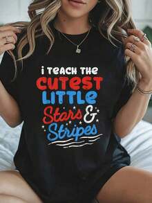 Women's Plus Size Clothing, 100% Pure Cotton. Funny "I Teach The Cutest Funny 4th Of July USA Pride Teacher Gift" T-Shirt For Women, Comfortable And Cozy, Spring/Summer Styles, Holiday Outfits For Women, Suitable For Women's Casual Daily Wear. - 黑色 - 查看 6
