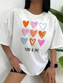 Women's Oversized White T-Shirt With Colorful Hearts And You & Me Letter Print, Casual Short Sleeve Crew Neck T-Shirt, Sweet Loose Blouse For Summer, Everyday And Casual Outfit - 白色 - 查看 1