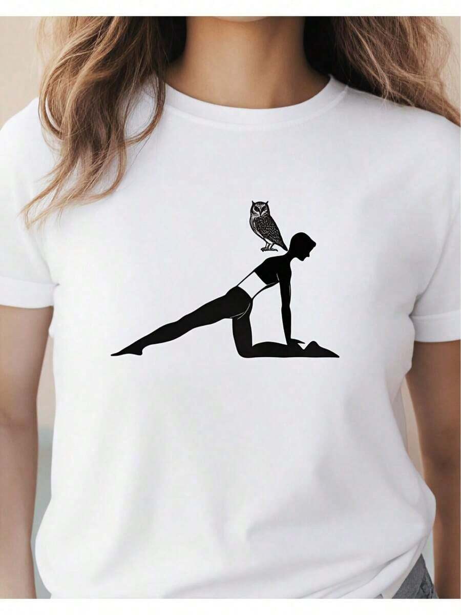 Simple And Versatile Design Women's Yoga Owl Design T-Shirt, Casual Wear For Fitness And Nature Lovers, 2D Summer Style, Loose Fit, Slightly Oversized Cotton T-Shirt - 白色 - 查看 1