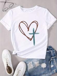 Women's Printed T-Shirt - Casual Short Sleeve Crew Neck T-Shirt In White With Tie Knot And Brown Heart And Teal Cross Graphic. With A Relaxed Fit For All Seasons, The Perfect Choice For Both Everyday Wear And Your Holiday Outfits (Machine Washable). - 白色 - 查看 7