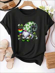 Women's Casual Sports T-Shirt - Black Tie-Dye Elastic Round Neck T-Shirt With Colorful Cartoon Character Design, Machine Washable, Comfortable Fit And Perfect For All Seasons, For A Fun And Casual Look. - 黑色 - 查看 1