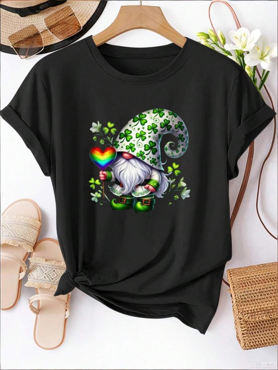 Women's Casual Sports T-Shirt - Black Tie-Dye Elastic Round Neck T-Shirt With Colorful Cartoon Character Design, Machine Washable, Comfortable Fit And Perfect For All Seasons, For A Fun And Casual Look. - 黑色 - 查看 1