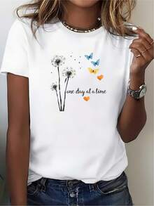 Women's Casual Sports T-Shirt With Dandelion Illustrations And Butterfly Graphics - White Elastic Crew Neck T-Shirt, Machine Washable, Comfortable Fit For All Seasons, For A Cool And Relaxed Look. - 白色 - 查看 7
