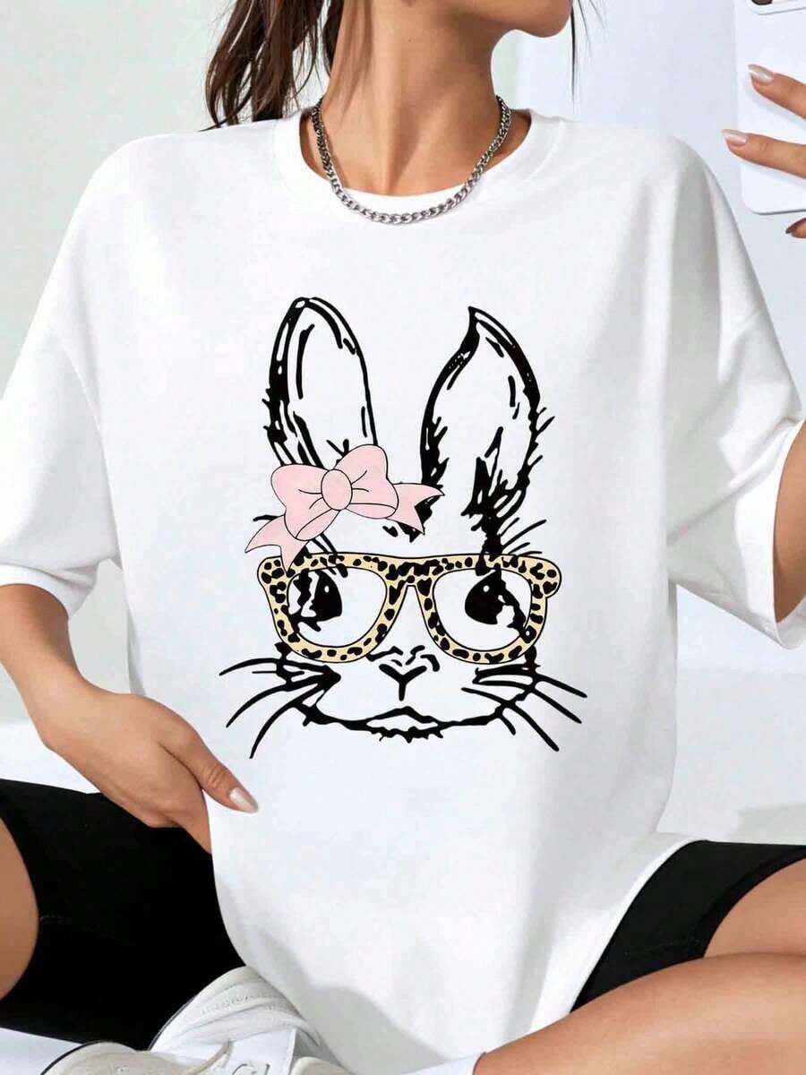 Adorable Bunny Face Print T-Shirt With Leopard Glasses And Pink Bow, Casual Top For Women, Spring-Summer Streetwear, Oversized T-Shirt. - 白色 - 查看 1